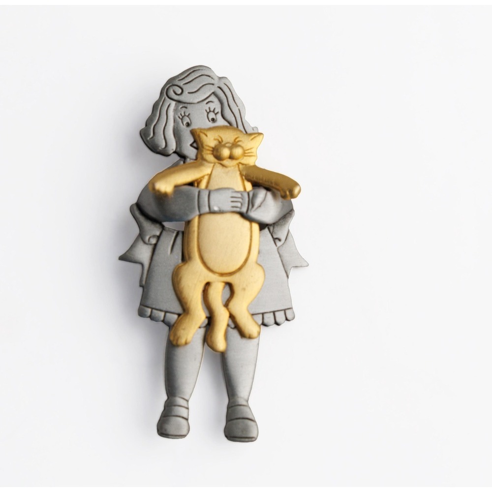 Vintage 1980s Girl Holding Cat Brooch JJ Jonette Jewelry